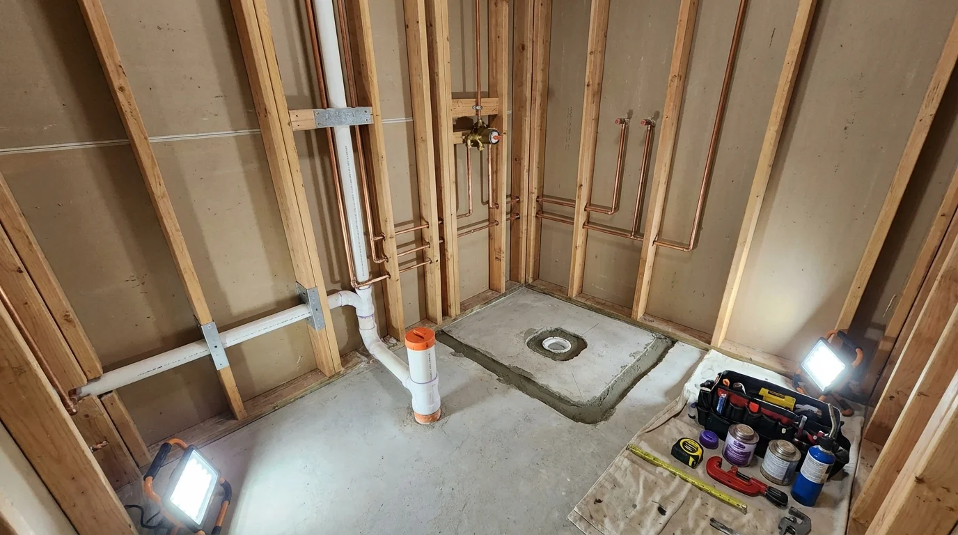 Bathroom rough-in plumbing during remodel by Johns Plumbing LLC in Floral Park