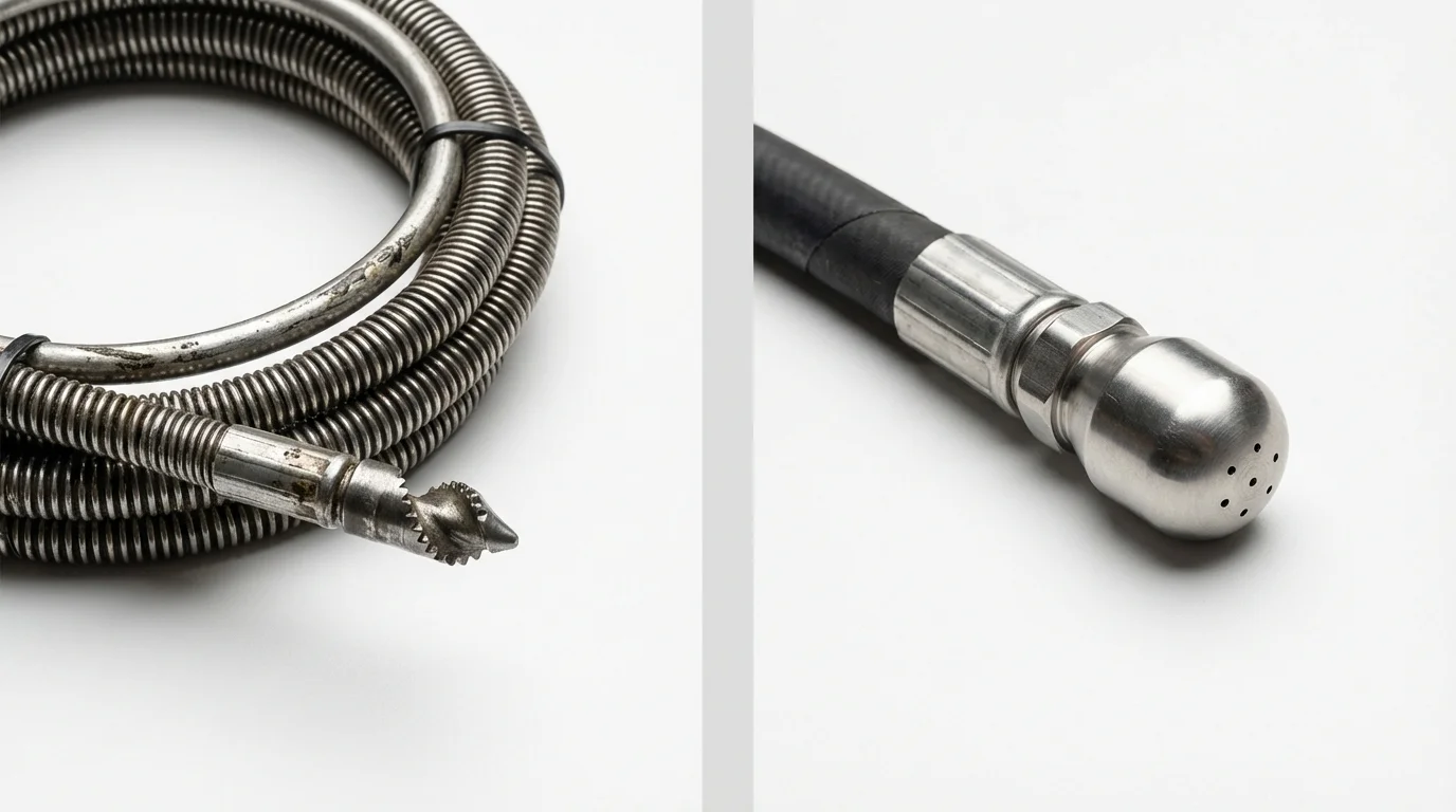 Drain snake cable and hydro jetting nozzle used for drain cleaning in Floral Park, NY