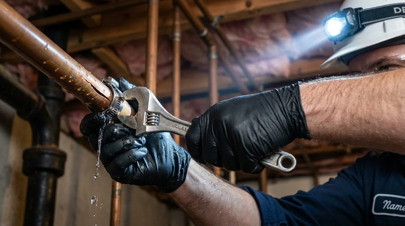 Emergency pipe clamp repair being performed by a Johns Plumbing LLC plumber in Floral Park
