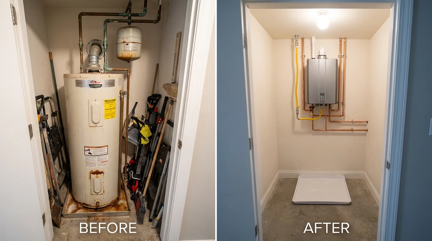 Tank water heater versus wall-mounted tankless unit comparison for Floral Park, NY homeowners