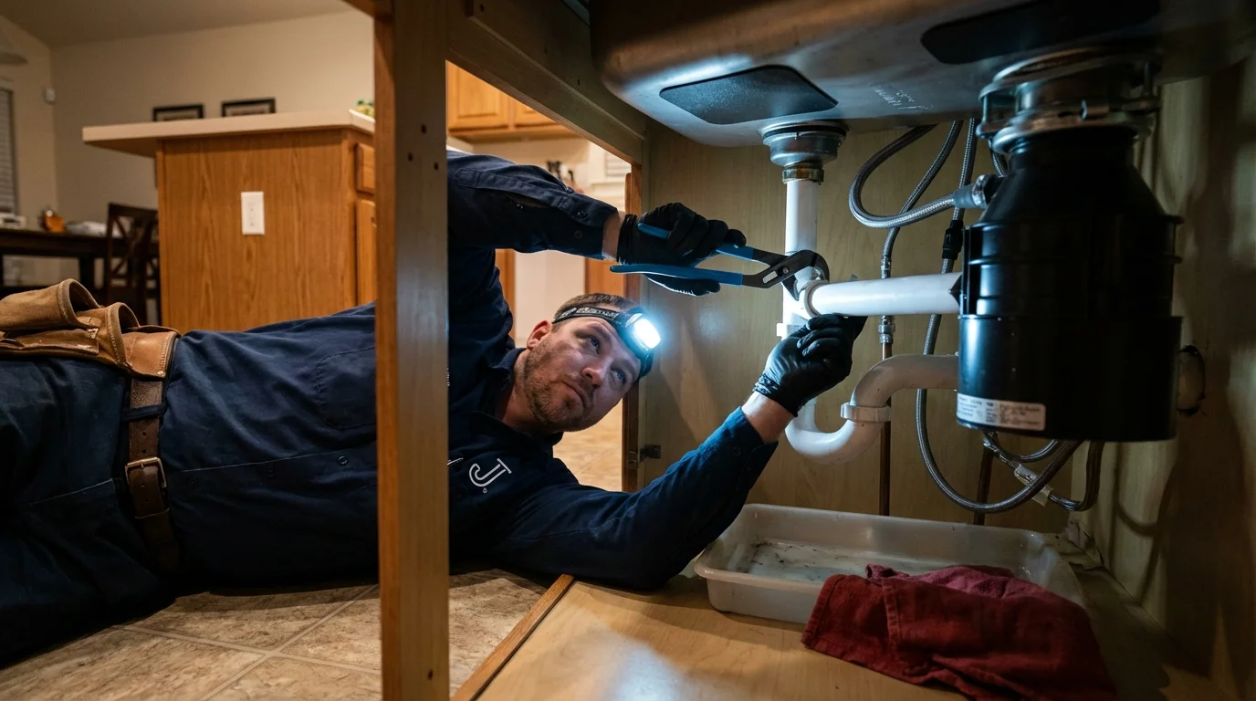P-trap and supply line connections under a kitchen sink showing a common leak point in Floral Park, NY